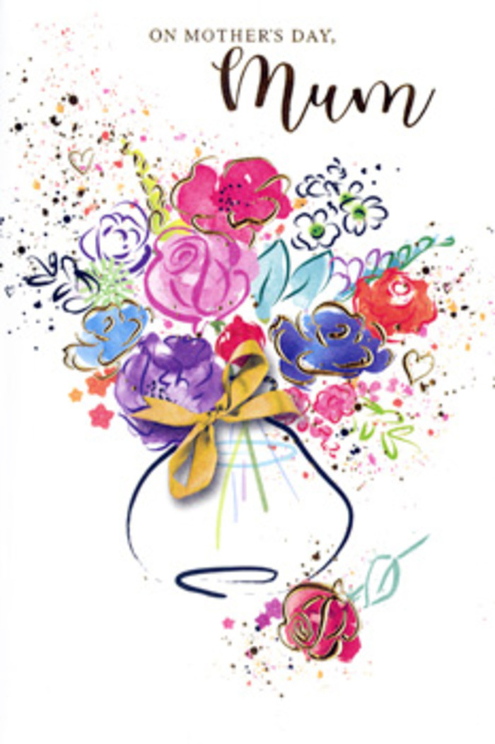 In this expressive Mother's Day card illustration, the bouquet appears to burst into life, much like the vibrant displays found in St Mary Cray's local florists when spring arrives. At the centre, flowers in hot pink, rich cerise, and berry tones gather closely together, their shapes suggested rather than rigidly defined, with watercolour washes that bleed and mingle at the edges. Indigo and deep violet accents give structure and shadow, allowing individual petals to emerge from the colourful haze, while delicate strokes of apricot, peach, and soft coral peek through, adding warmth and depth. Threads and specks of gold pick out certain lines along petals and leaves, offering a subtle shimmer that feels like late-afternoon light catching the curve of a freshly tied bow. Around this exuberant cluster, small painted hearts, dots, and splashes of pigment dance freely in the surrounding white space, echoing the playful energy of children choosing a Mother's Day surprise before visiting family nearby. The vase below is whimsical rather than strictly realistic, painted with soft, layered blues and purples that suggest reflection and shadow, and finished with a neat golden bow that mirrors the ribbons often used by Flowers St Mary Cray when preparing special arrangements for local delivery. The composition balances joyful spontaneity with clear intention: each colour has its place, each stroke hints at an emotion-gratitude, admiration, and deep affection. Taken together, the image feels like a keepsake bouquet preserved on paper, celebrating the unique bond between mother and child and the comfort of home in St Mary Cray.