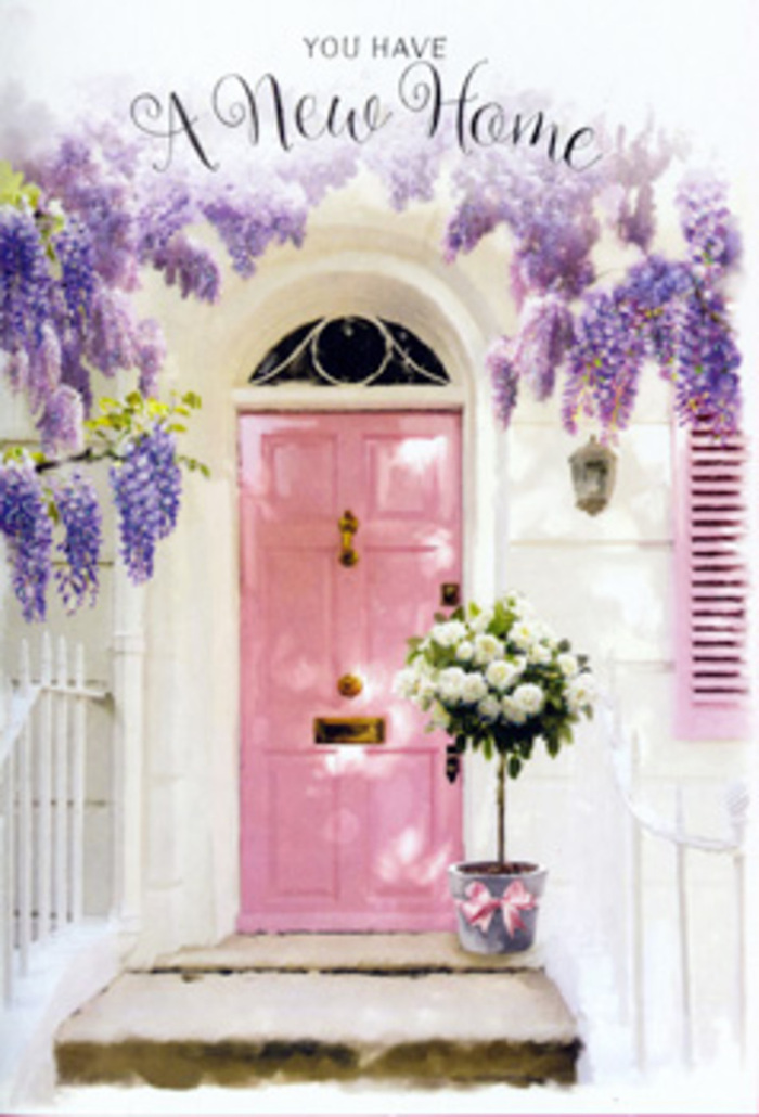 This image shows a St Mary Cray entrance that has been lovingly dressed to celebrate a new chapter, every element working together like a carefully composed bouquet. At the centre, a pink front door glows gently, its pastel tone soft rather than bright, standing out against the surrounding whitewashed walls in the same understated way many newly refreshed façades do around St Mary Cray. The paintwork looks smooth and recently finished, suggesting attentive care. Above, thick strands of wisteria descend from an unseen vine, each cluster made up of tiny petals in shades of lavender and light violet. They cascade down in loose drapes, framing the top and sides of the doorway as though nature has created its own garland to welcome someone home. Light filters through the blossoms, casting dappled patterns across the door and step, lending the scene an almost dreamlike quality. Resting confidently on the threshold is a simple grey metal bucket, the kind a working florist might use for conditioning stems in the back room. From this utilitarian container rises a generous arrangement of white and cream roses, their heads full and rounded, some just beginning to open, others in perfect, cup-shaped bloom. Sprays of soft green foliage add contrast and a hint of garden wildness. Around the base of the bucket, a satin ribbon in pale pink is tied with care, harmonising with the hue of the door and pulling the visual story together. The whole doorway exudes quiet optimism and warmth, conjuring the feeling of walking up to your first home in St Mary Cray after a day at the local shops-a moment when fresh flowers at the door make everything feel instantly more personal and loved.